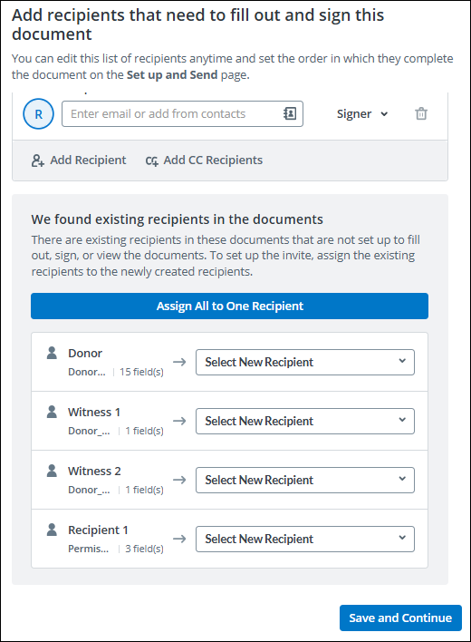 Add recipient to fill out and sign document screenshot